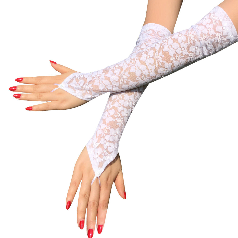 White lace fingerless gloves with floral pattern and wrist ties