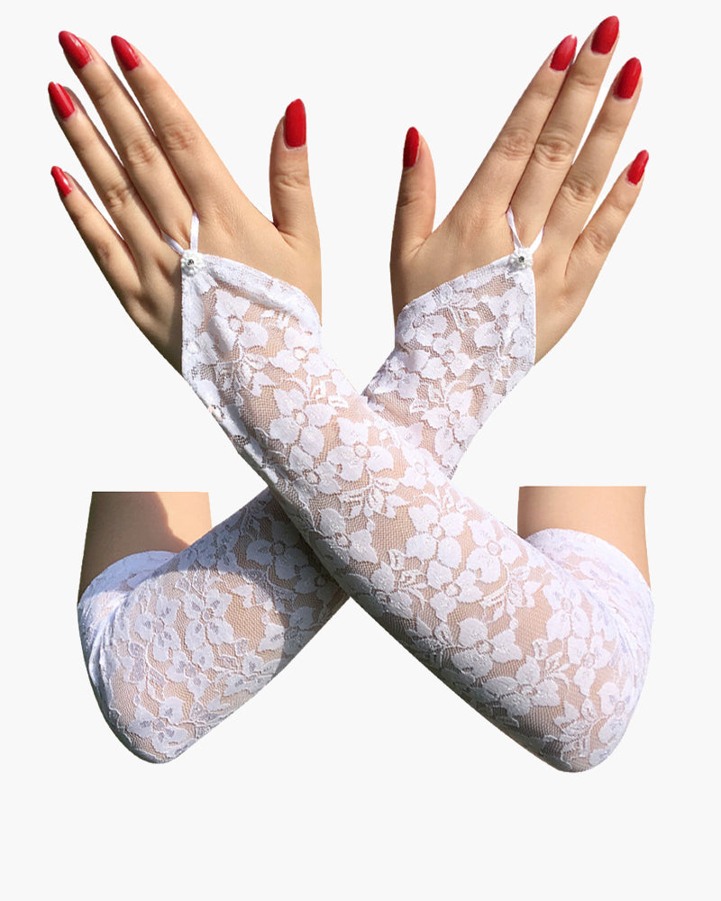 White lace fingerless gloves with floral pattern, long sleeves, wrist ties