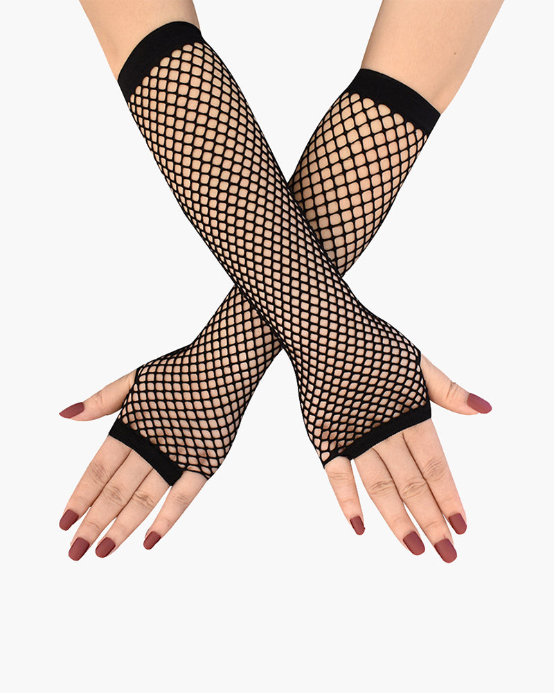 Black fishnet fingerless mesh gloves with short lace-like cuff at wrists