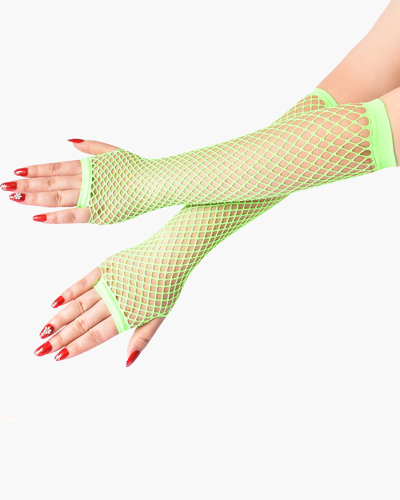 Light green fishnet fingerless mesh gloves, open fingers and bright cuff at wrists