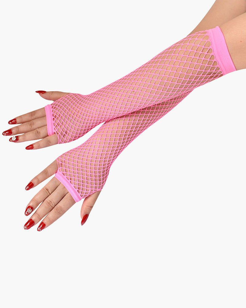 Pink fishnet fingerless mesh gloves with open fingertips and pink cuff at wrists