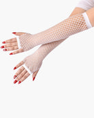 White fishnet fingerless mesh gloves with open fingertips and white cuff at wrists