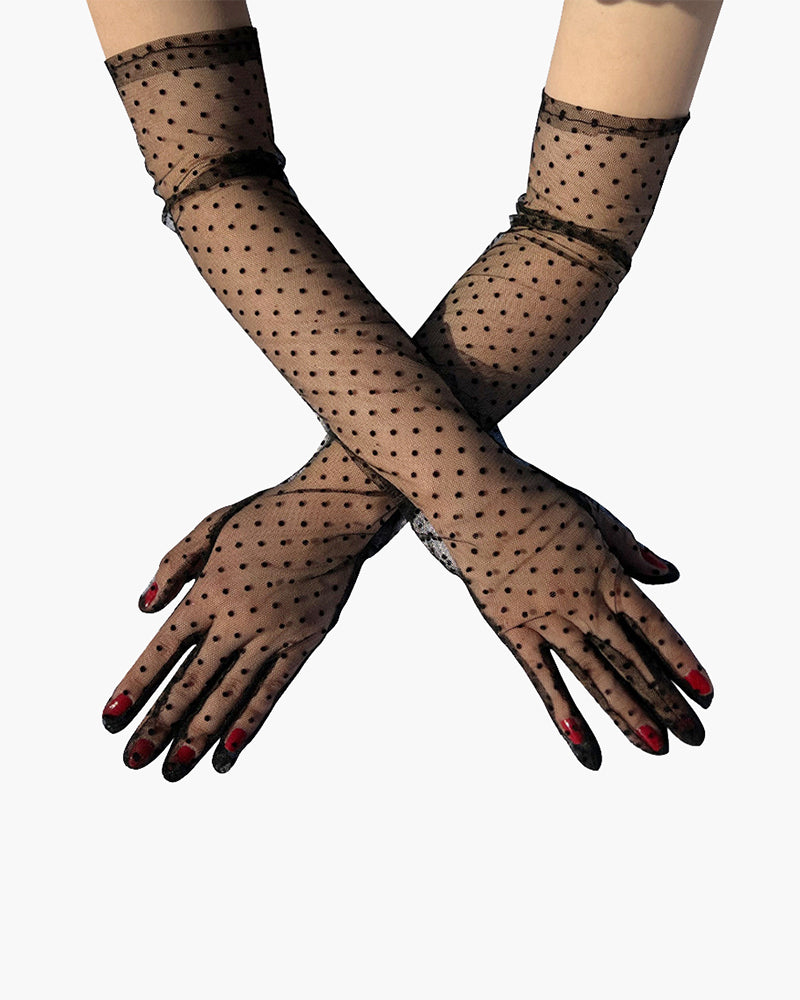 Sheer lace mesh polka dot gloves, dark sheer with small black dots