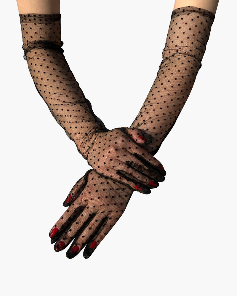 Sheer lace mesh polka dot gloves, dark sheer with black dots and ruffled cuffs