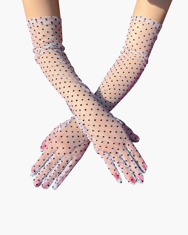 Sheer lace mesh polka dot gloves, light sheer with small dark dots