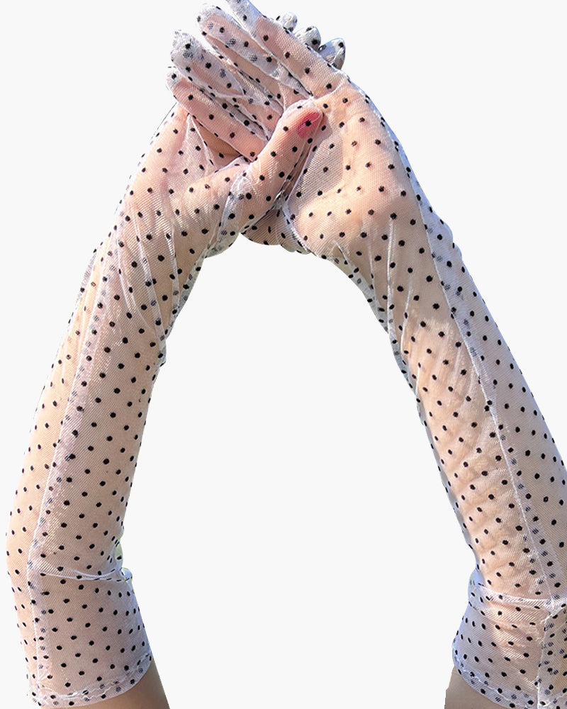 Sheer lace mesh polka dot gloves, light sheer with dark polka dots and elastic cuff