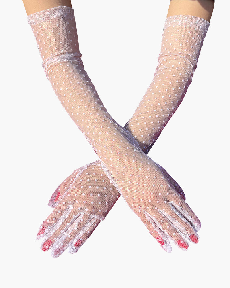Sheer lace mesh polka dot gloves, pale sheer with white polka dots