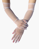 Sheer lace mesh polka dot gloves, pale sheer with white dots and fitted wrist cuff