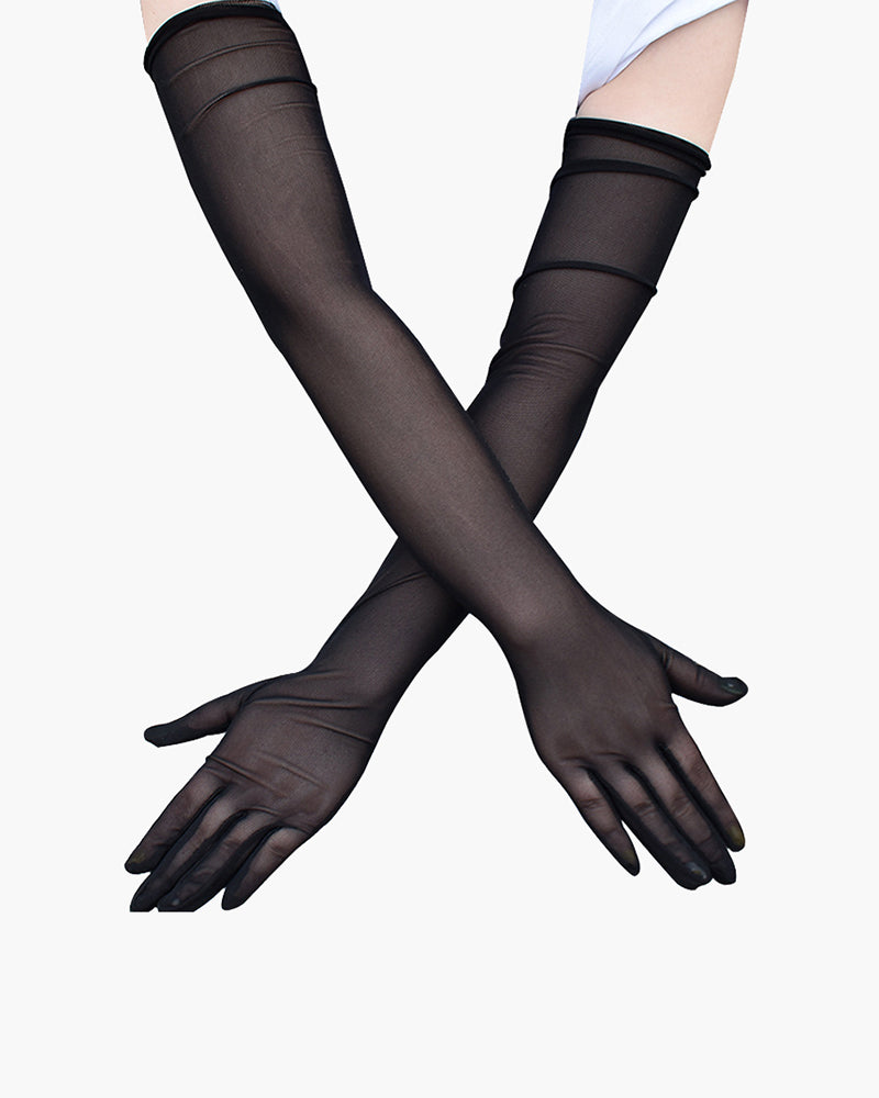 Elbow-length stretchy gloves, black sheer knit with open fingers