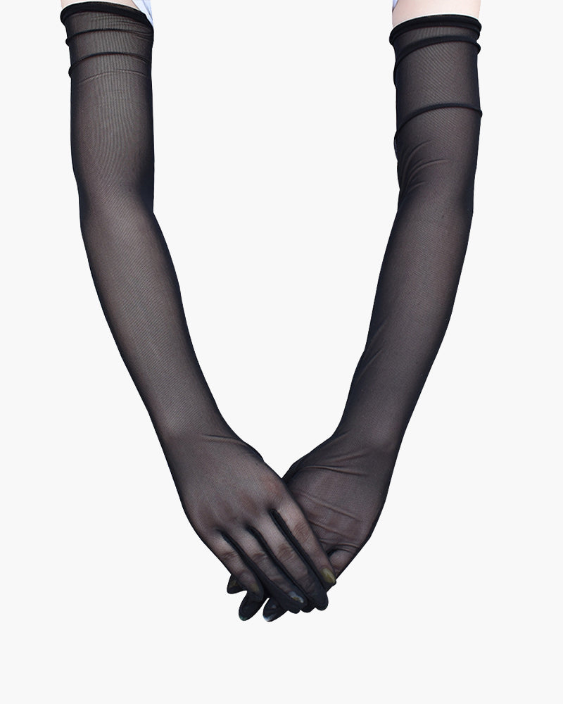Elbow-length stretchy gloves, black sheer knit with thumb and finger seams