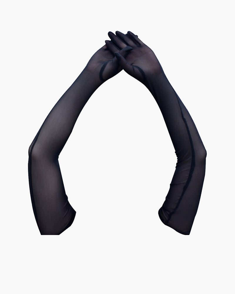 Elbow-length stretchy gloves, dark sheer pair with ribbed cuffs