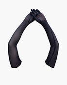 Elbow-length stretchy gloves, dark sheer pair with ribbed cuffs