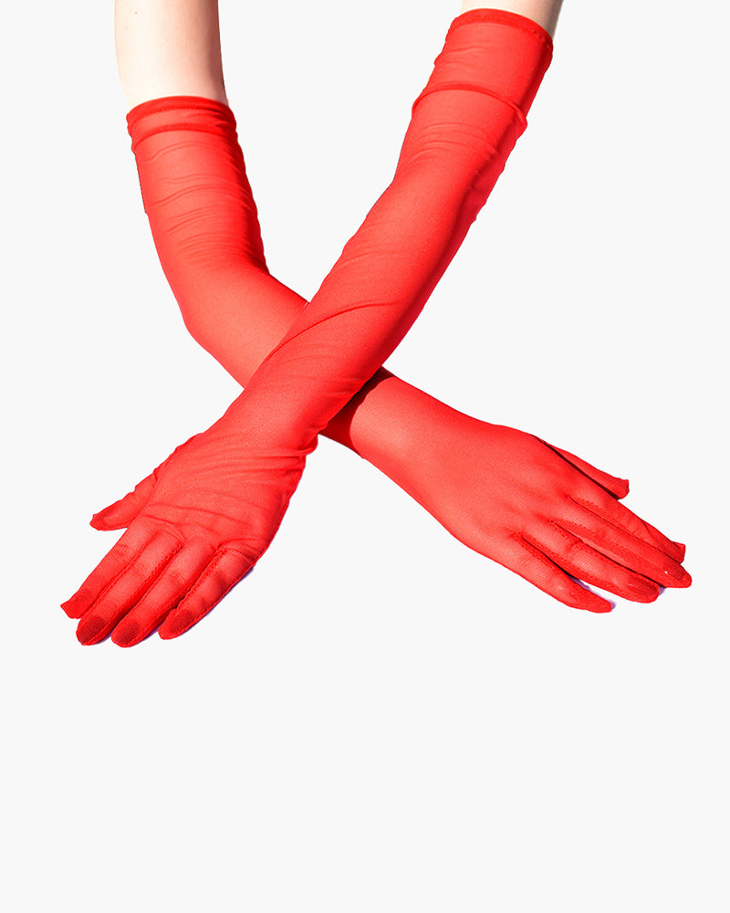 Elbow-length stretchy gloves, bright red sheer fabric with five fingers