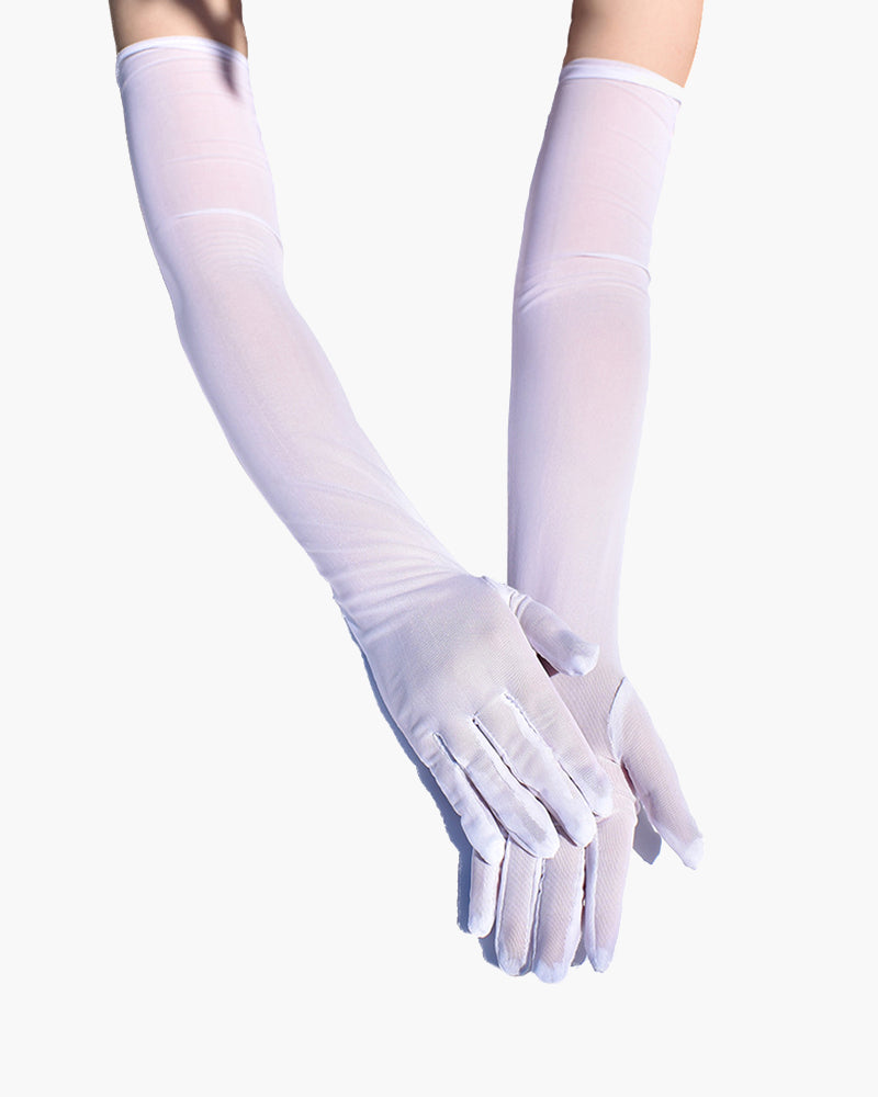 Elbow-length stretchy gloves, light lavender sheer fabric with fitted cuffs