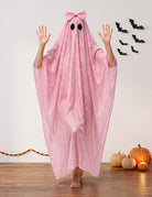 Pink sequin ghost cape with bow hood and two black eye cutouts, long flowing poncho