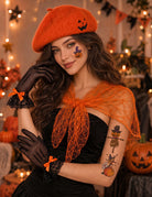 Orange beret with jack-o'-lantern patch, black mesh gloves, temporary pumpkin tattoos