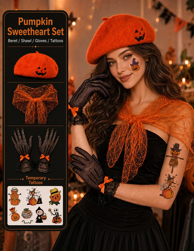 Halloween Themed Cape Set with Beret Gloves and Tattoo Stickers - Pumpkin Sweetheart