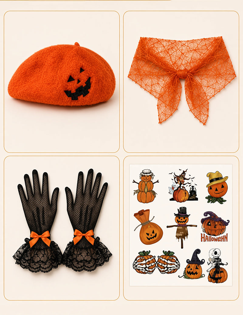 Halloween Themed Cape Set with Beret Gloves and Tattoo Stickers - Pumpkin Sweetheart