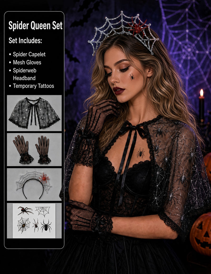 Halloween Themed Cape Set with Beret Gloves and Tattoo Stickers - Spider Queen