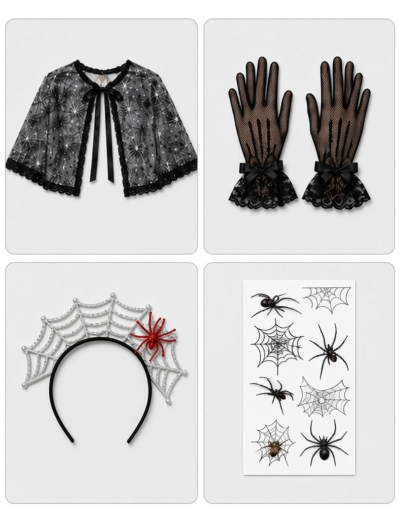Halloween Themed Cape Set with Beret Gloves and Tattoo Stickers - Spider Queen