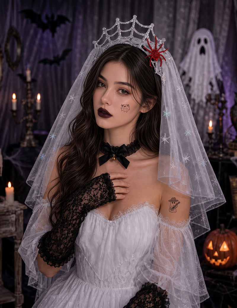 Halloween Themed Cape Set with Beret Gloves and Tattoo Stickers - Ghost Bride