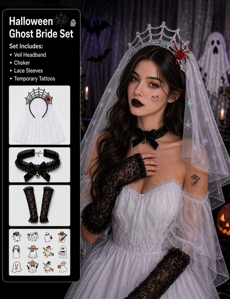 Halloween Themed Cape Set with Beret Gloves and Tattoo Stickers - Ghost Bride