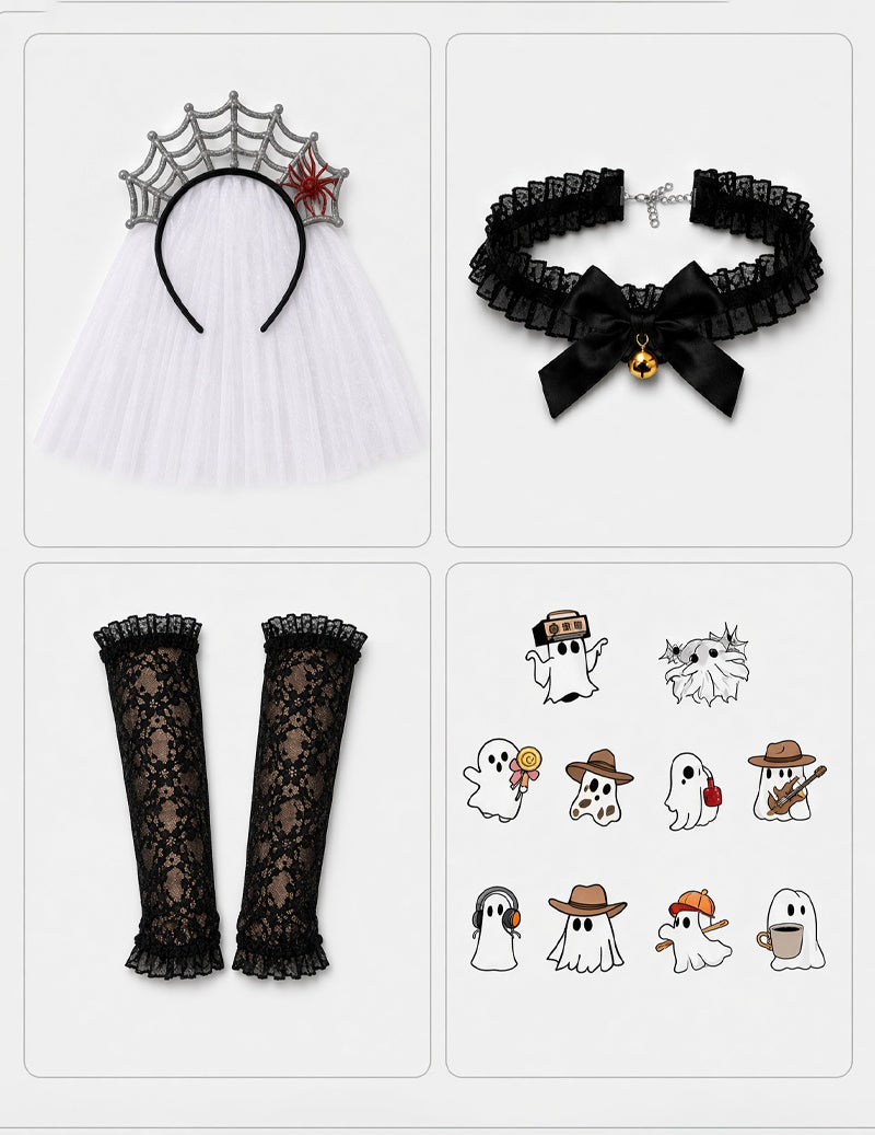 Halloween Themed Cape Set with Beret Gloves and Tattoo Stickers - Ghost Bride