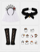 Ghost bride accessories: white veil headband, black lace choker, black lace arm sleeves, tattoos