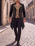 Men's black tailcoat jacket with gold ornate foil print and long asymmetrical tails