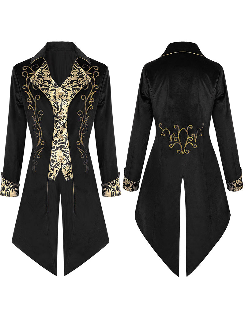 Men's black tailcoat jacket, front and back with gold ornate foil print on panels