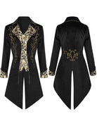 Men's black tailcoat jacket, front and back with gold ornate foil print on panels