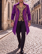 Men's imperial purple tailcoat jacket with gold ornate foil print and patterned cuffs