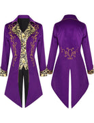 Men's imperial purple tailcoat jacket, front and back with gold ornate foil print