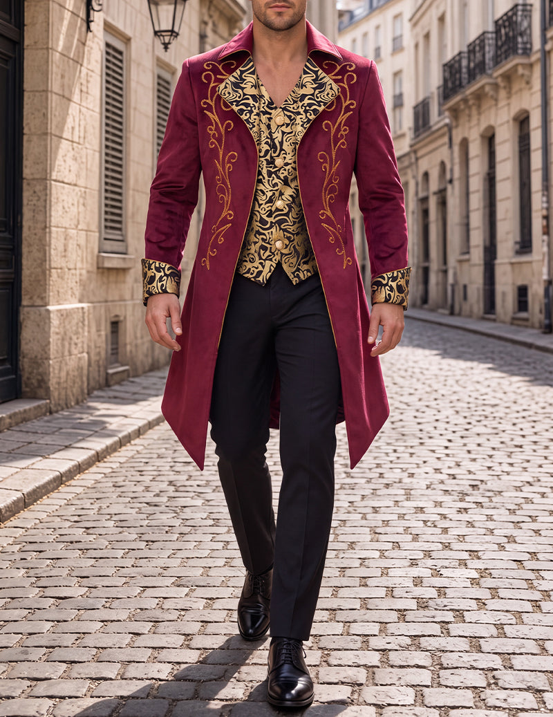 Men's burgundy tailcoat jacket with gold ornate foil print and patterned cuffs