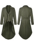 Men's Victorian steampunk tailcoat costume jacket, army green, front and back views