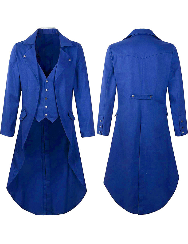 Mens blue long tailcoat costume jacket with pointed lapels, button front, and tails