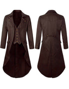 Men's Victorian steampunk tailcoat costume jacket, brown, front and back views