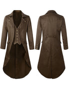 Men's Victorian steampunk tailcoat costume jacket, light brown, front and back views