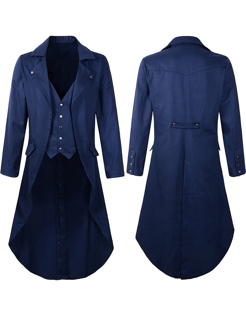 Men's Victorian steampunk tailcoat costume jacket, navy blue, front and back views