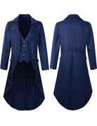 Men's Victorian steampunk tailcoat costume jacket, navy blue, front and back views