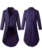 Men's Victorian steampunk tailcoat costume jacket, purple, front and back views