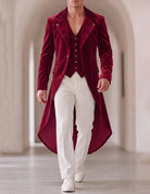 Men's Victorian steampunk tailcoat costume jacket, wine red, front open lapels, long tails