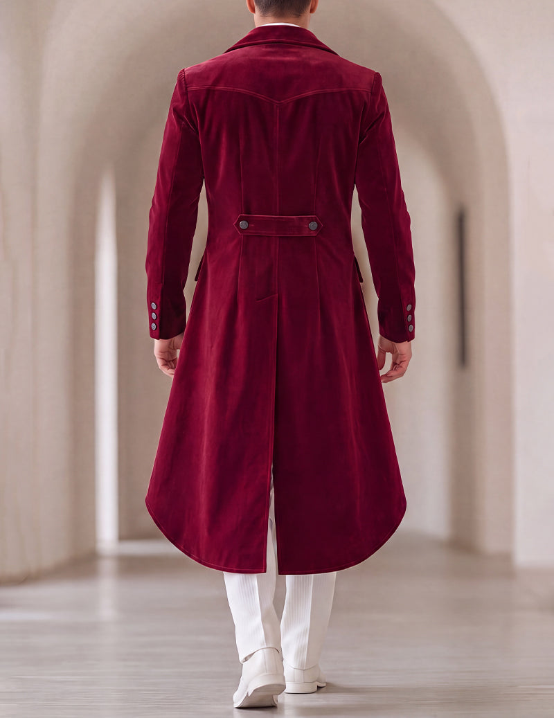 Men's Victorian steampunk tailcoat costume jacket, wine red, back view with belt strap