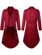 Men's Victorian steampunk tailcoat costume jacket, wine red, front and back views