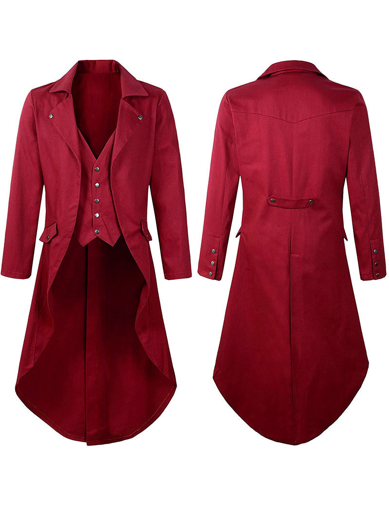 Men's Victorian steampunk tailcoat costume jacket, wine red, front and back views