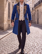 Men's tailcoat jacket, royal blue with gold scroll embroidery and contrast cuff details