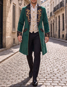 Men's tailcoat jacket, emerald green with gold scroll embroidery and patterned sleeve cuffs