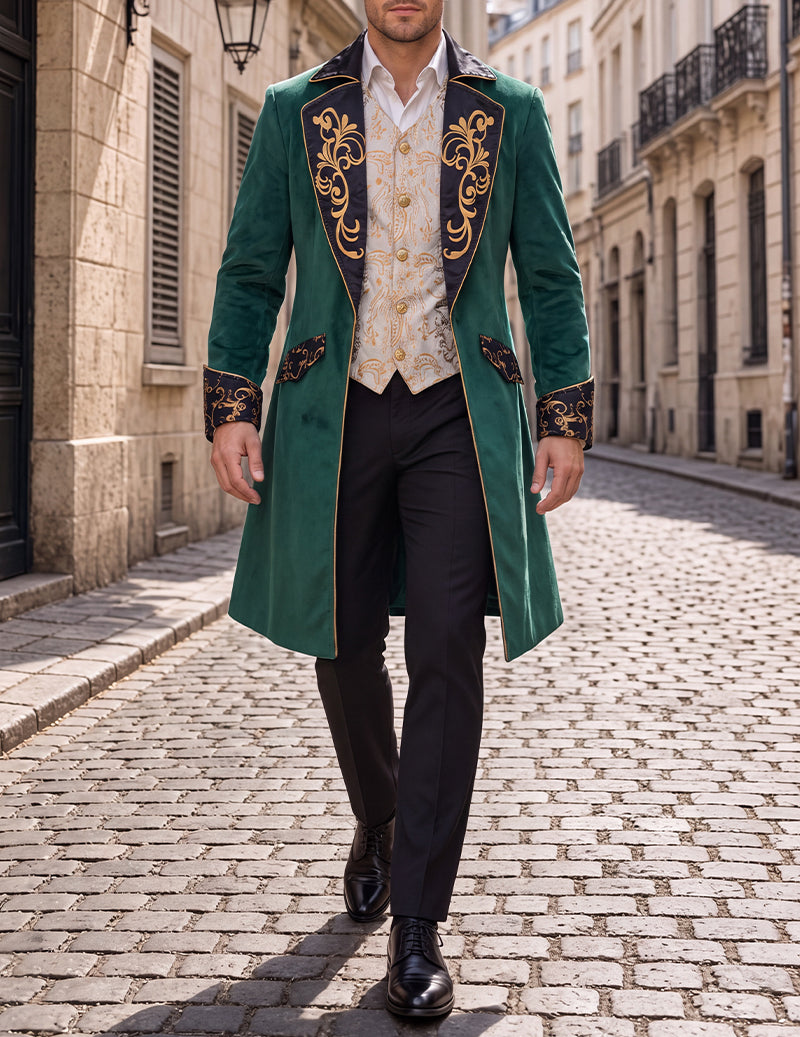 Men's tailcoat jacket, emerald green with gold scroll embroidery and patterned sleeve cuffs