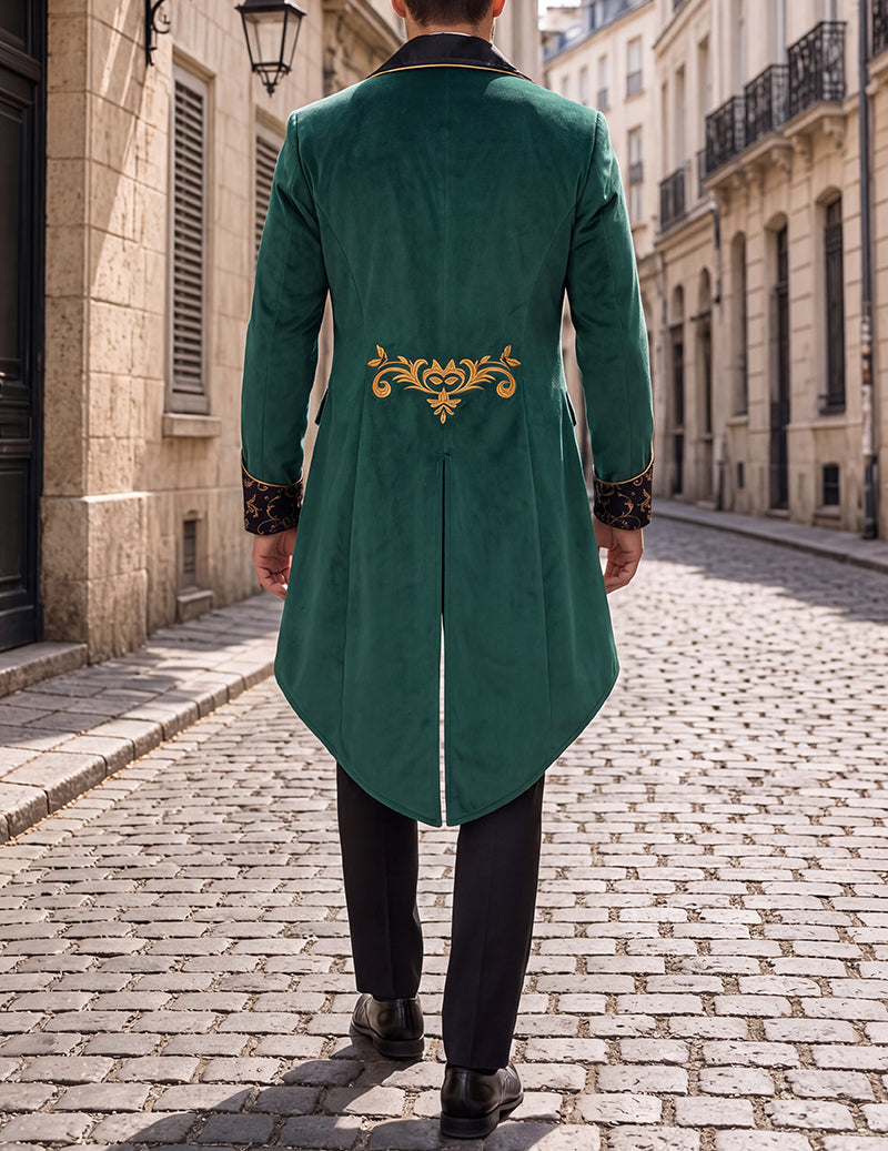 Men's tailcoat jacket, emerald green with gold back emblem and long pointed tails