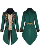 Men's green tailcoat jacket with gold filigree embroidery and long asymmetrical tails